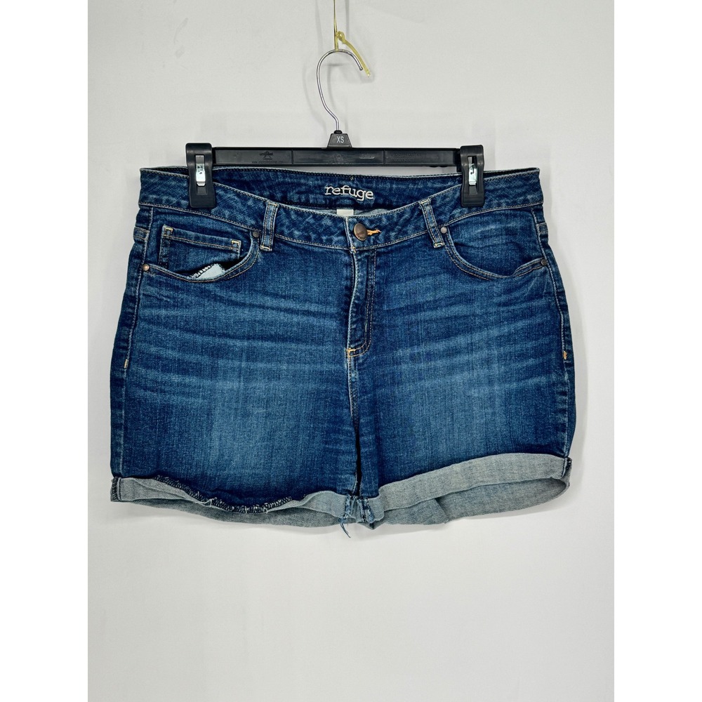 Refuge Denim Shorts Womens 14 Blue Good Rolled Hem Stretch Dark Wash Mid Rise